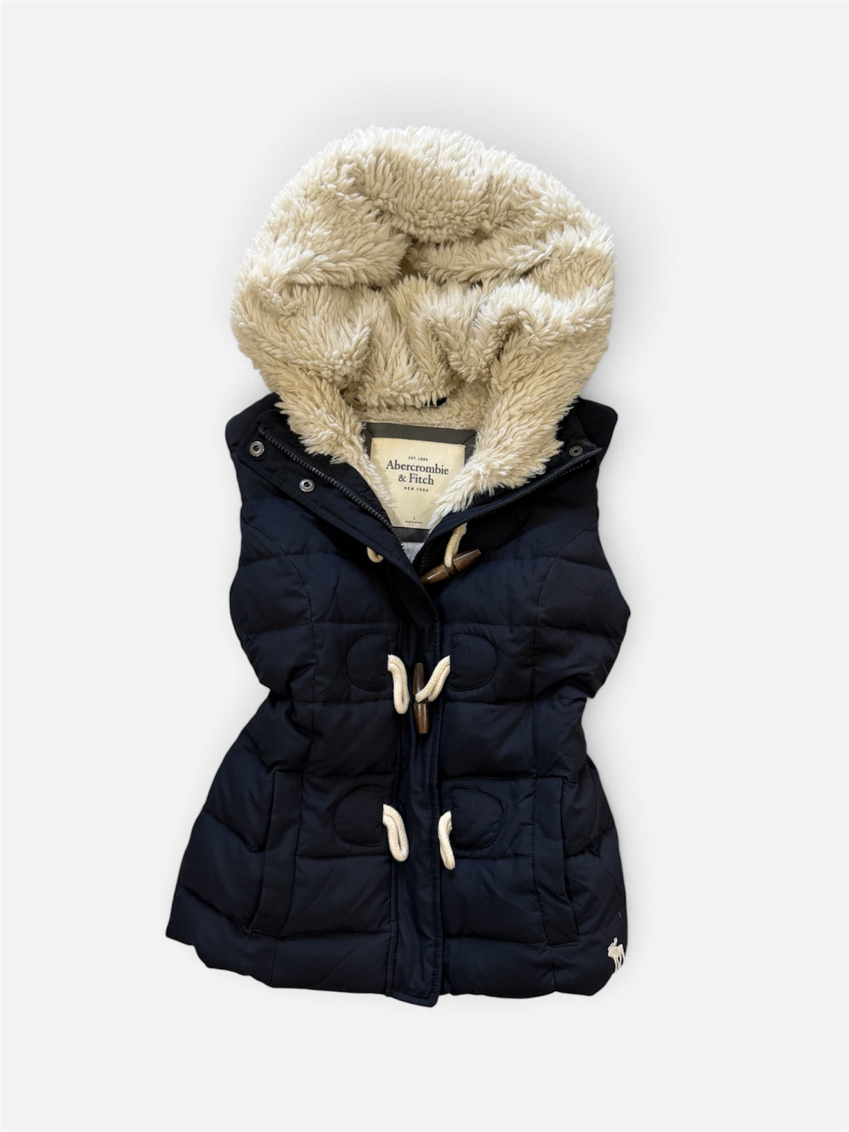 Abercrombie & Fitch Women's Puffer Vest - Navy - Sherpa Lined Hood - Size L