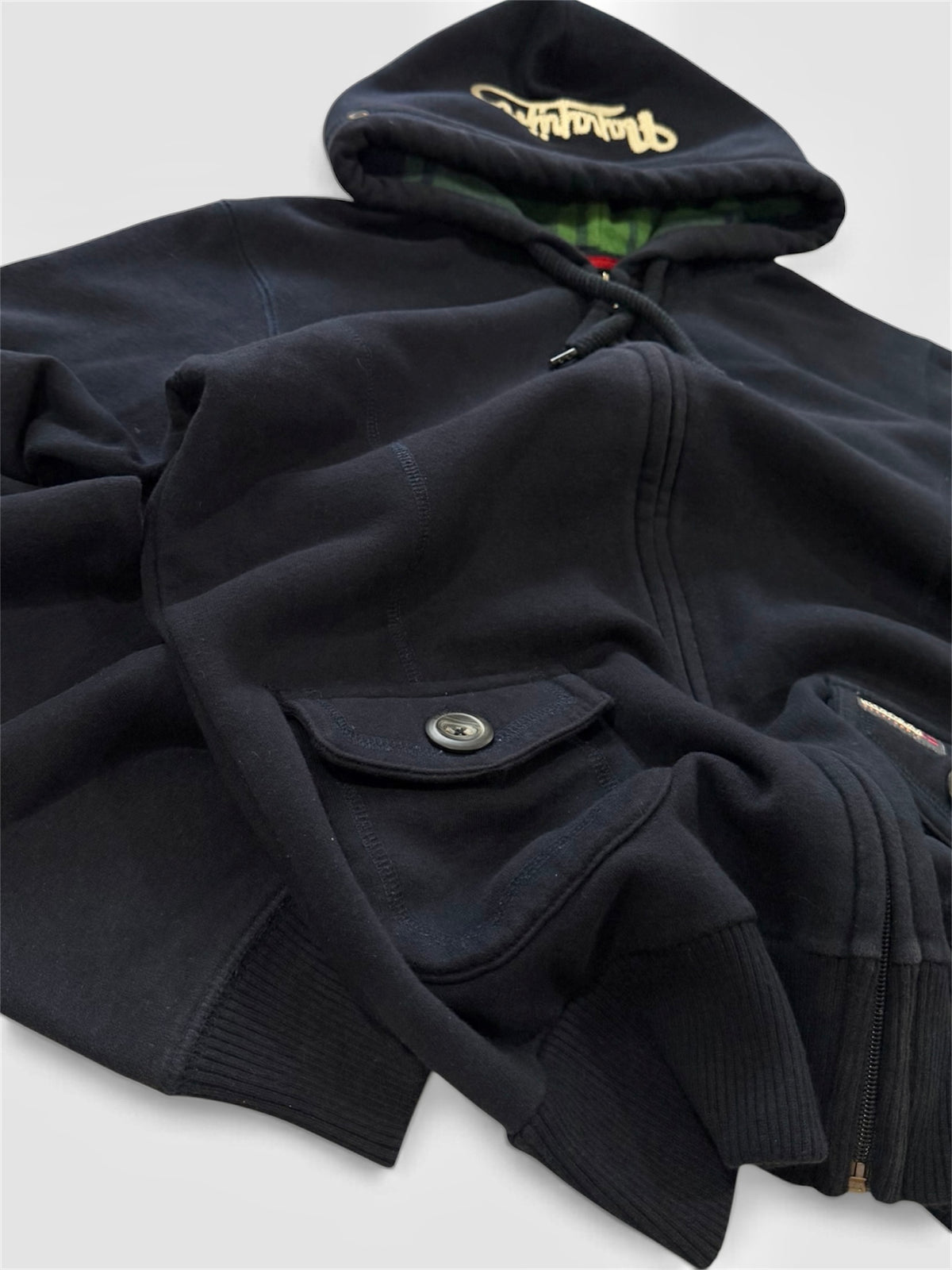 Napapijri Geographic Zip Hoodie Navy Shield Patch Plaid Flannel Hood- TAGGED XL FITS S/M