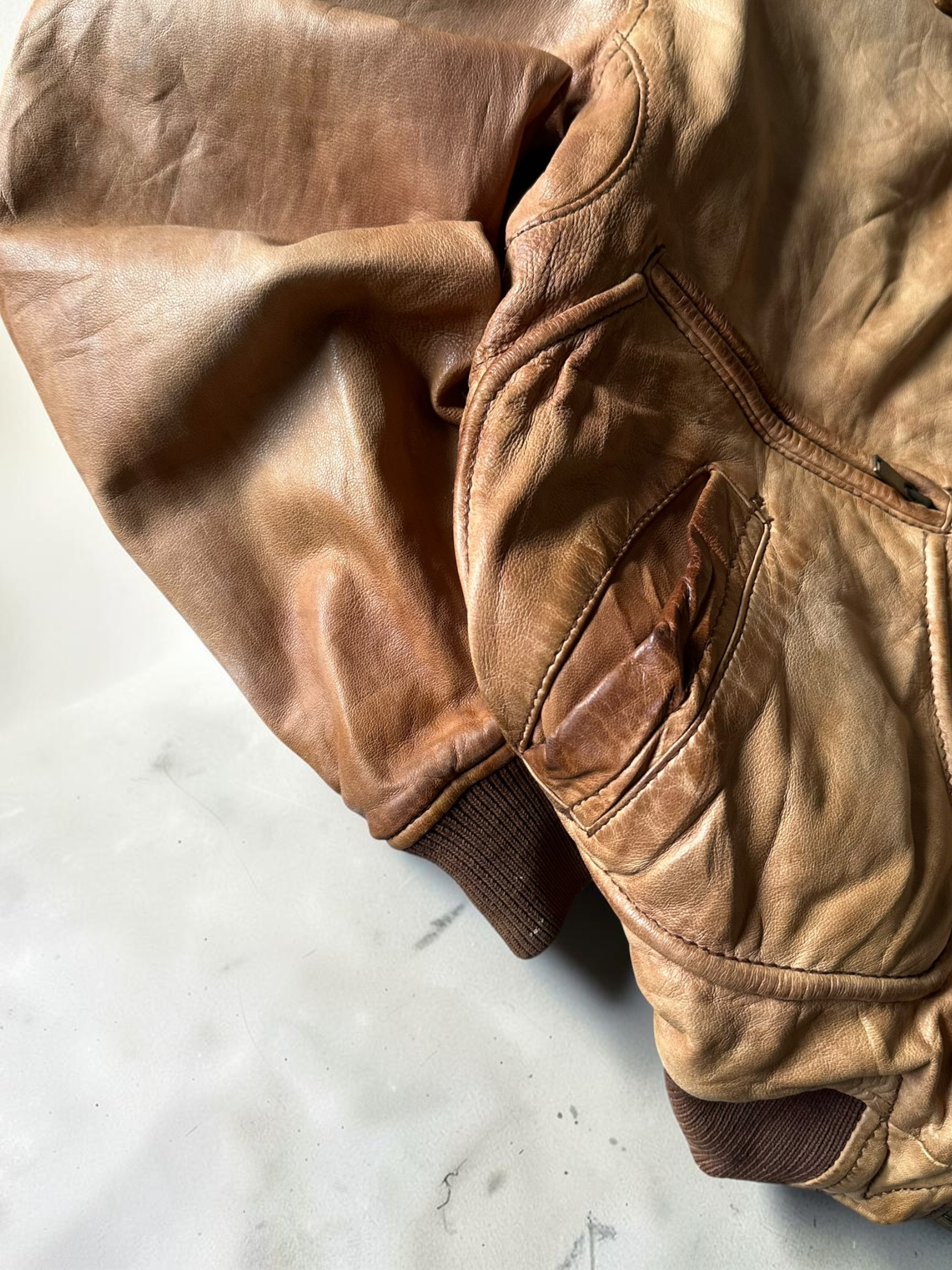 Light Brown Bomber Leather Jacket - M