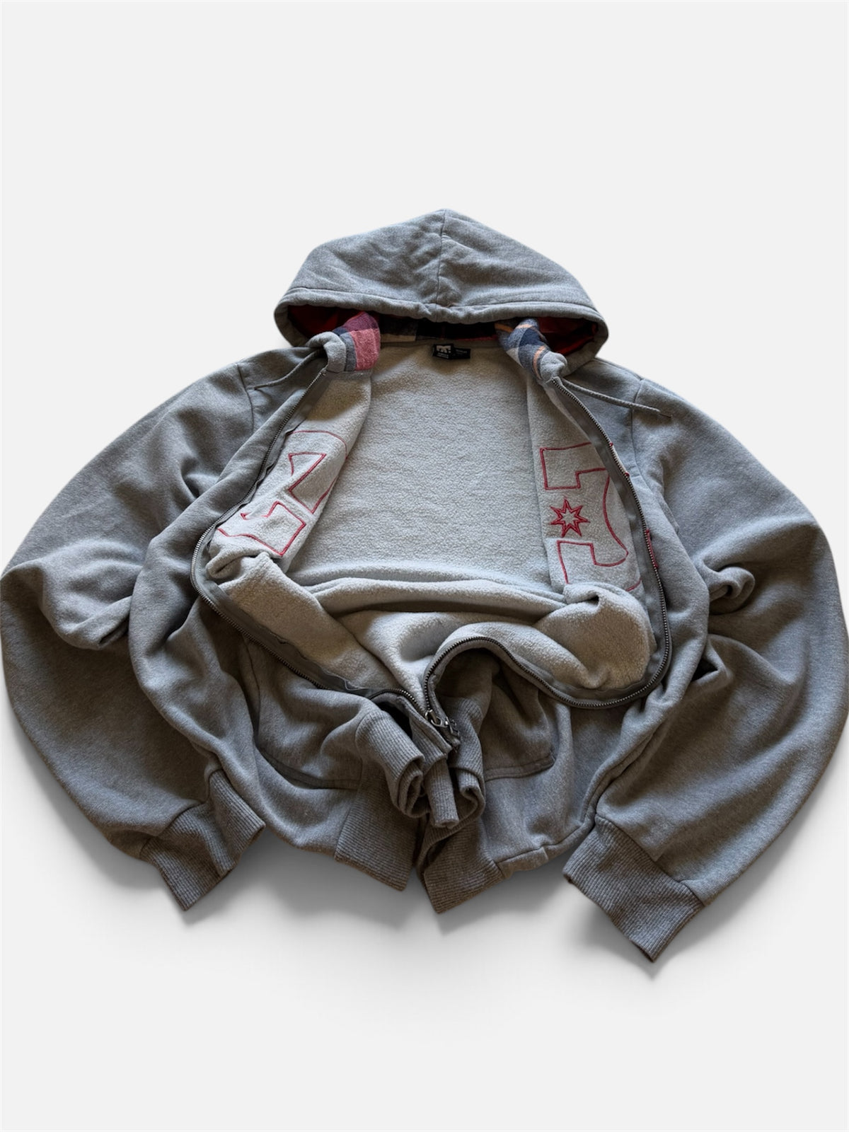 DC Zip-Up Hoodie, Heather Gray, Plaid Flannel-Lined Hood- M
