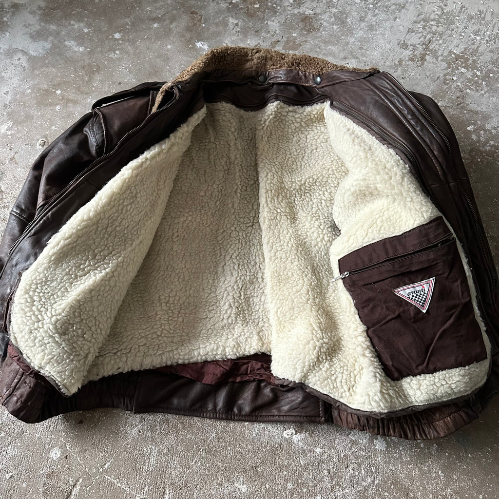 Vintage Brown Fur Heavy Leather Jacket - XL