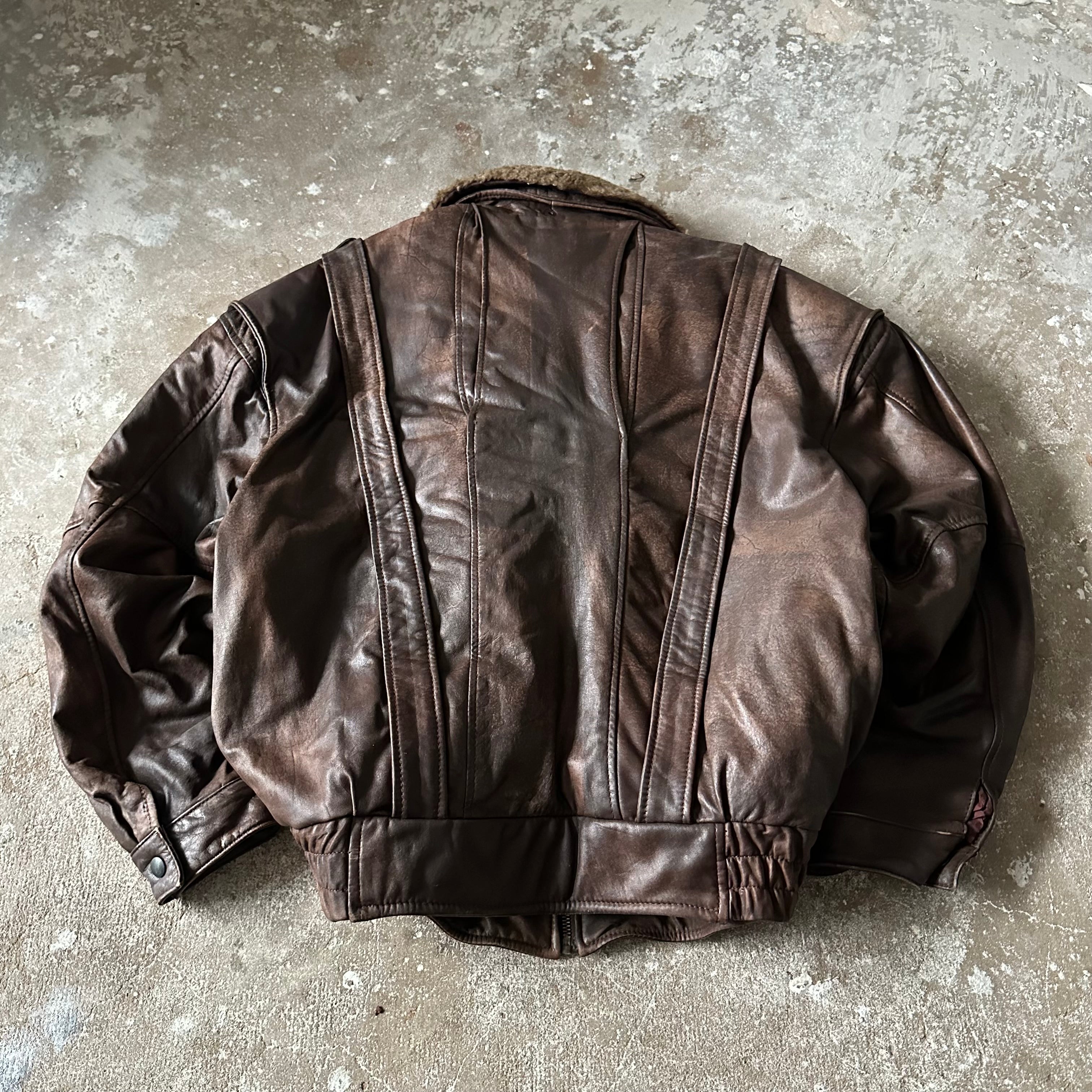 Vintage Brown Fur Heavy Leather Jacket - XL