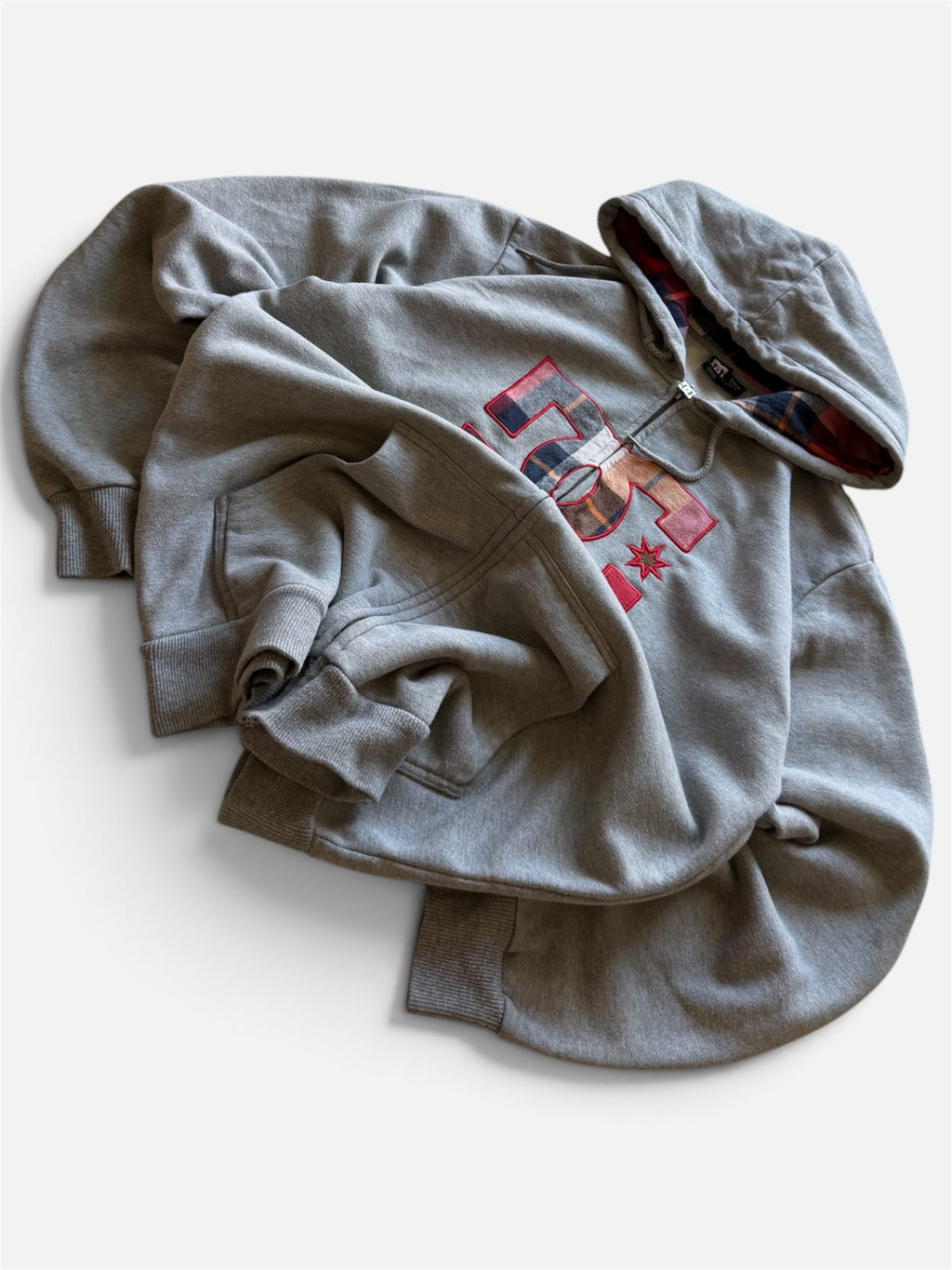 DC Zip-Up Hoodie, Heather Gray, Plaid Flannel-Lined Hood- M