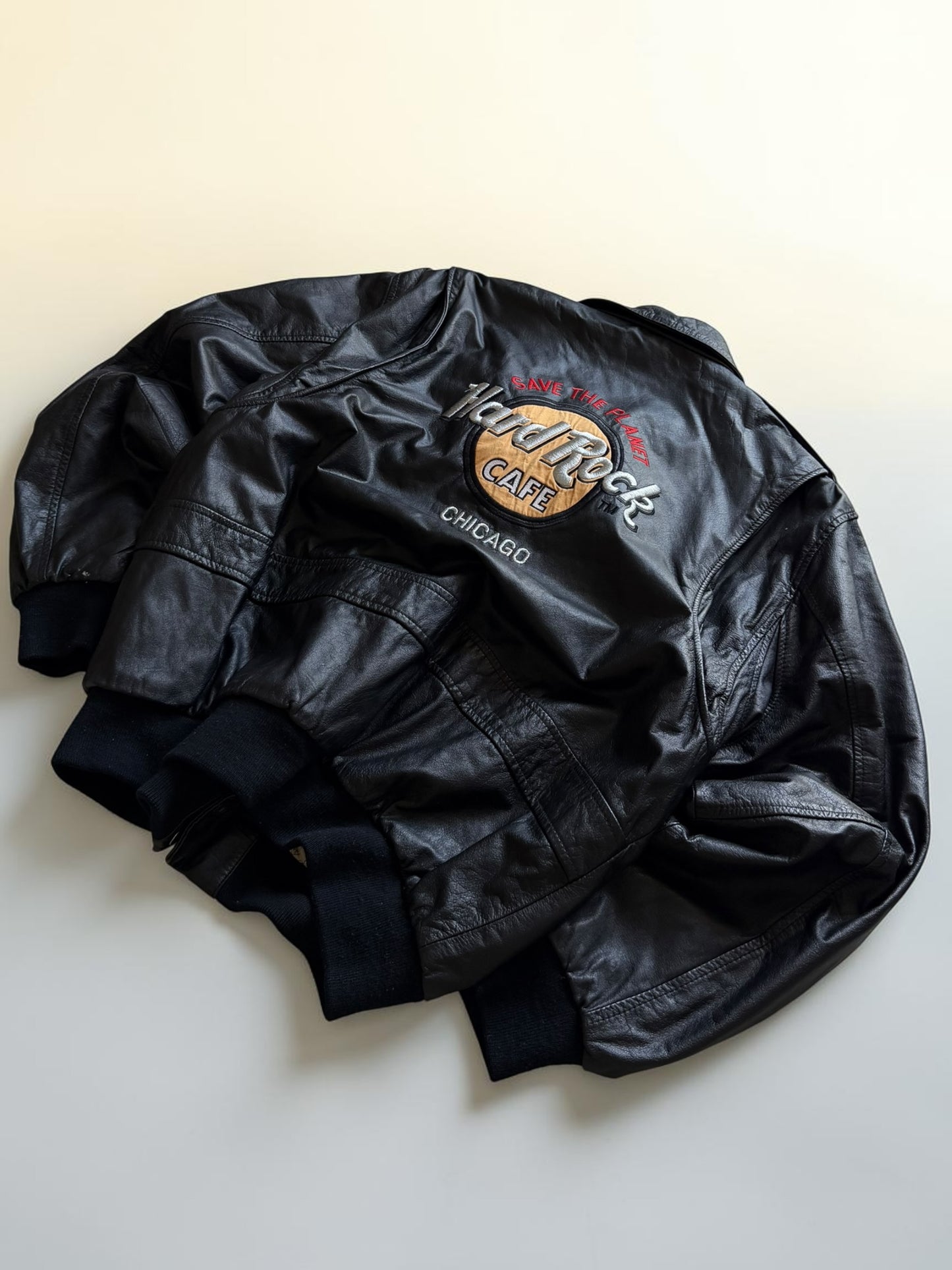 Hard Rock Cafe Chicago Black Bomber Leather Jacket- L