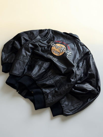 Hard Rock Cafe Chicago Black Bomber Leather Jacket- L