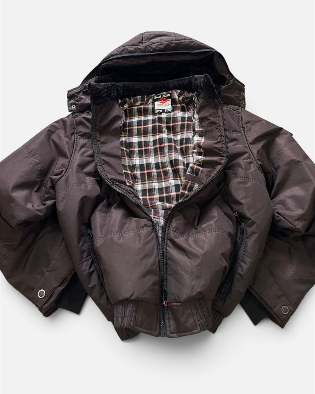 Lee Cooper Brown Hooded Puffer Bomber Jacket Faux Fur Flannel Lined- 2XL