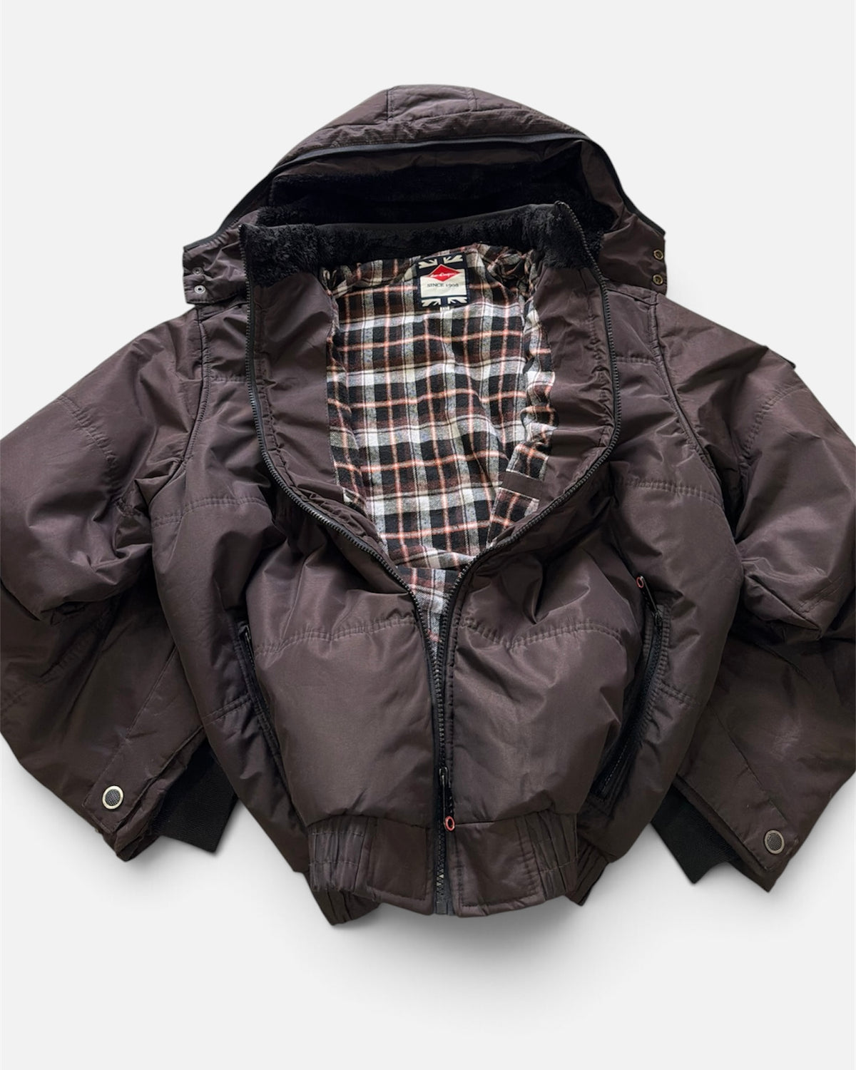 Lee Cooper Brown Hooded Puffer Bomber Jacket Faux Fur Flannel Lined- 2XL