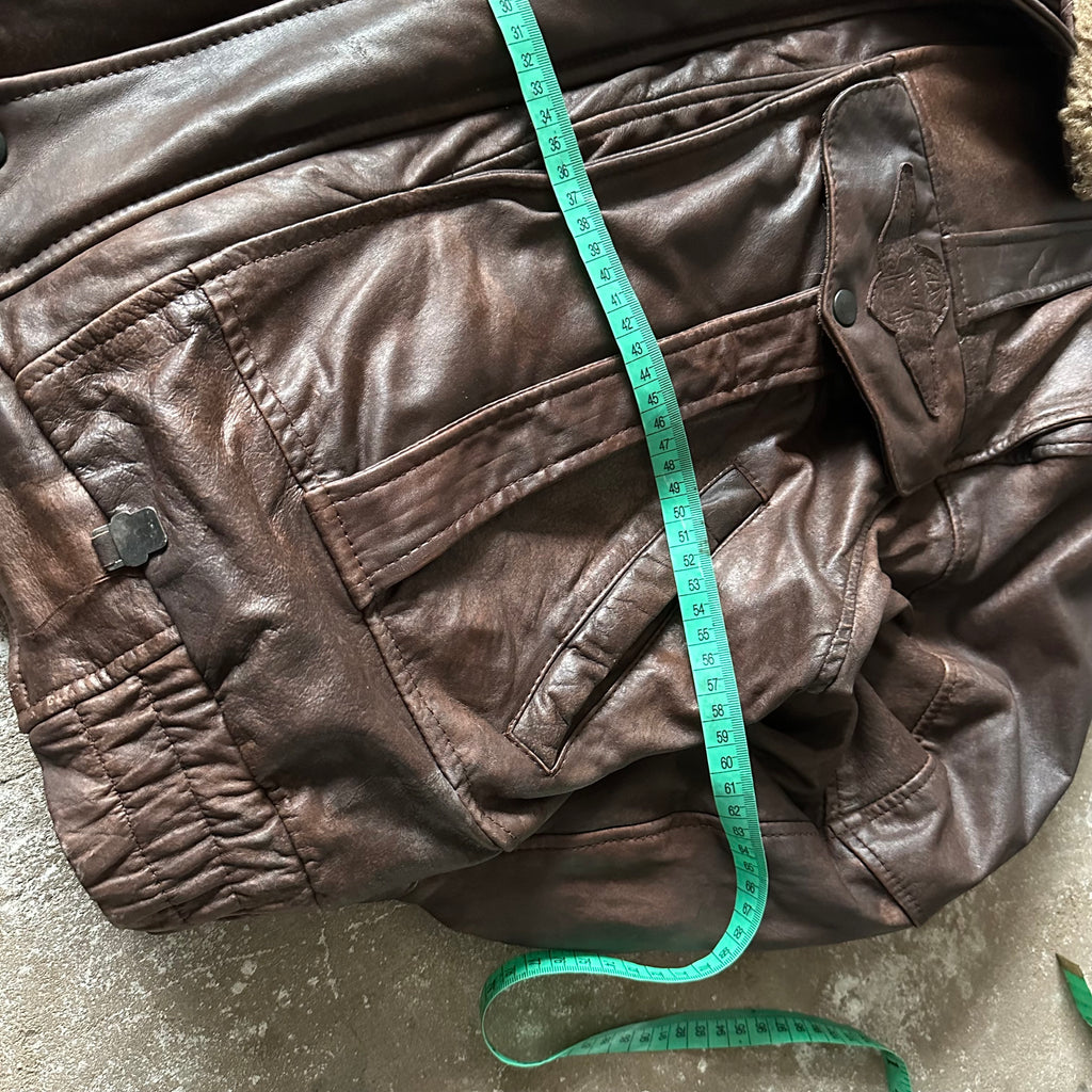 Vintage Brown Fur Heavy Leather Jacket - XL
