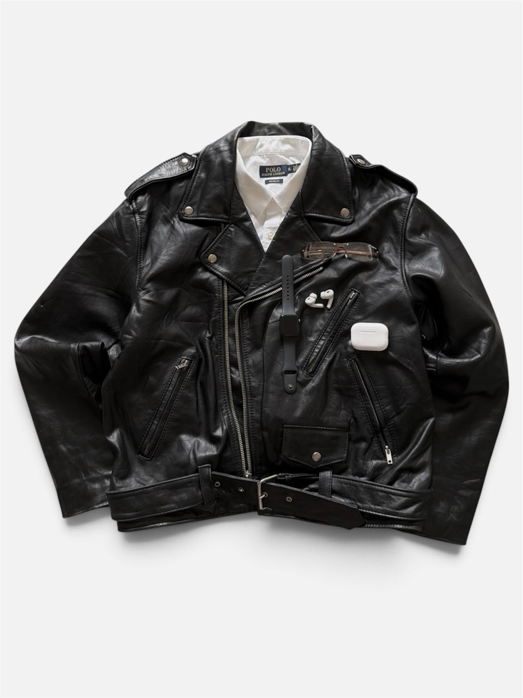 VTG Genuine Leather Biker Jacket Black Belted Asymmetrical Zip L/XL