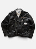 VTG Genuine Leather Biker Jacket Black Belted Asymmetrical Zip L/XL