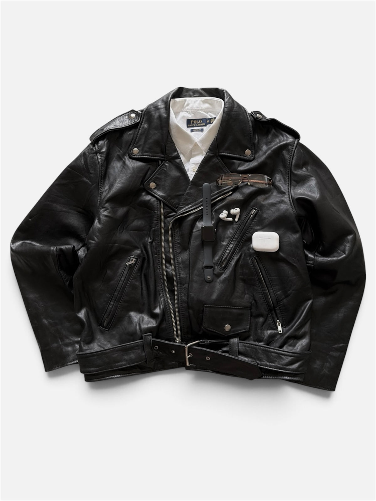 VTG Genuine Leather Biker Jacket Black Belted Asymmetrical Zip L/XL