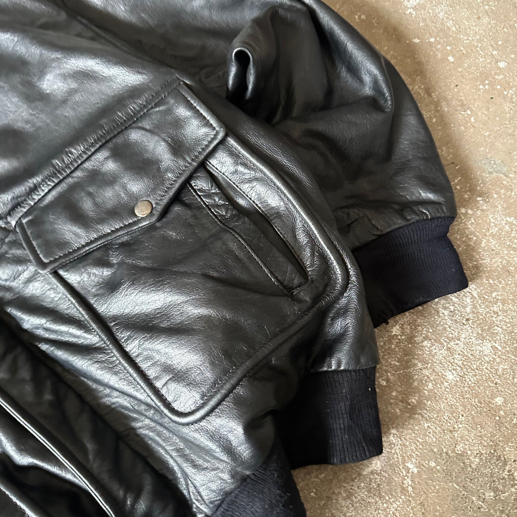Black Bomber Leather Jacket - XL