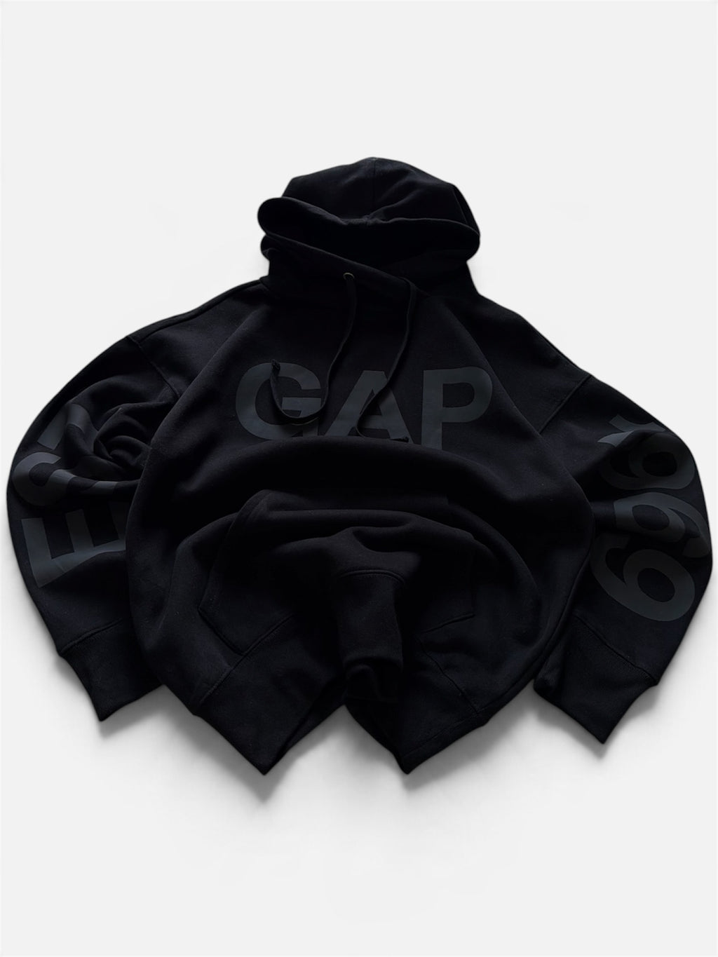 Gap Oversized Tonal Logo Hoodie Black 1969 EST Sleeve Spellout Fleece Pullover- M