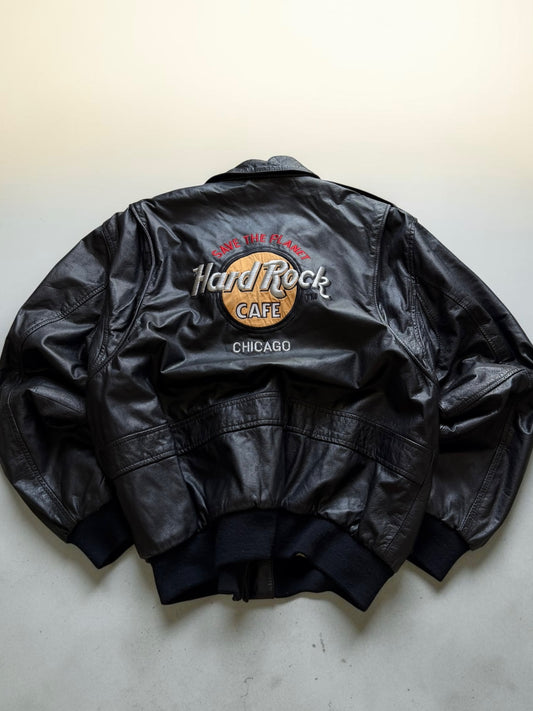 Hard Rock Cafe Chicago Black Bomber Leather Jacket- L