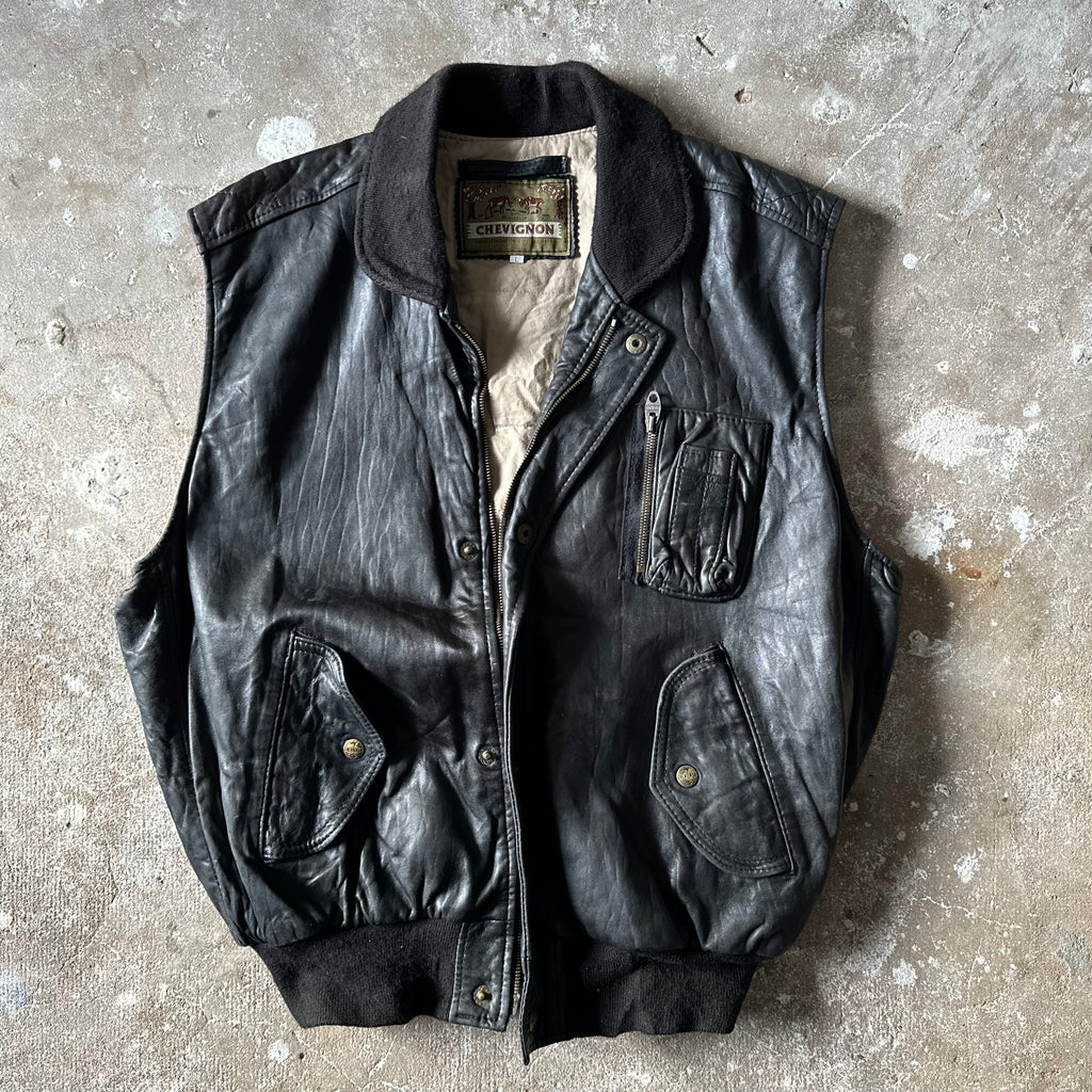 Vintage Chevignon black leather bomber Vest - L