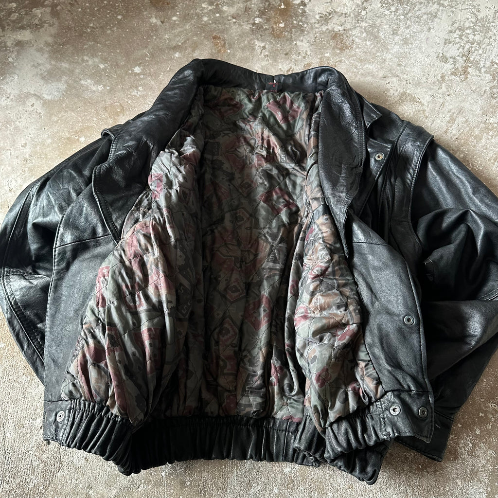 Black Bomber Leather Jacket - XL