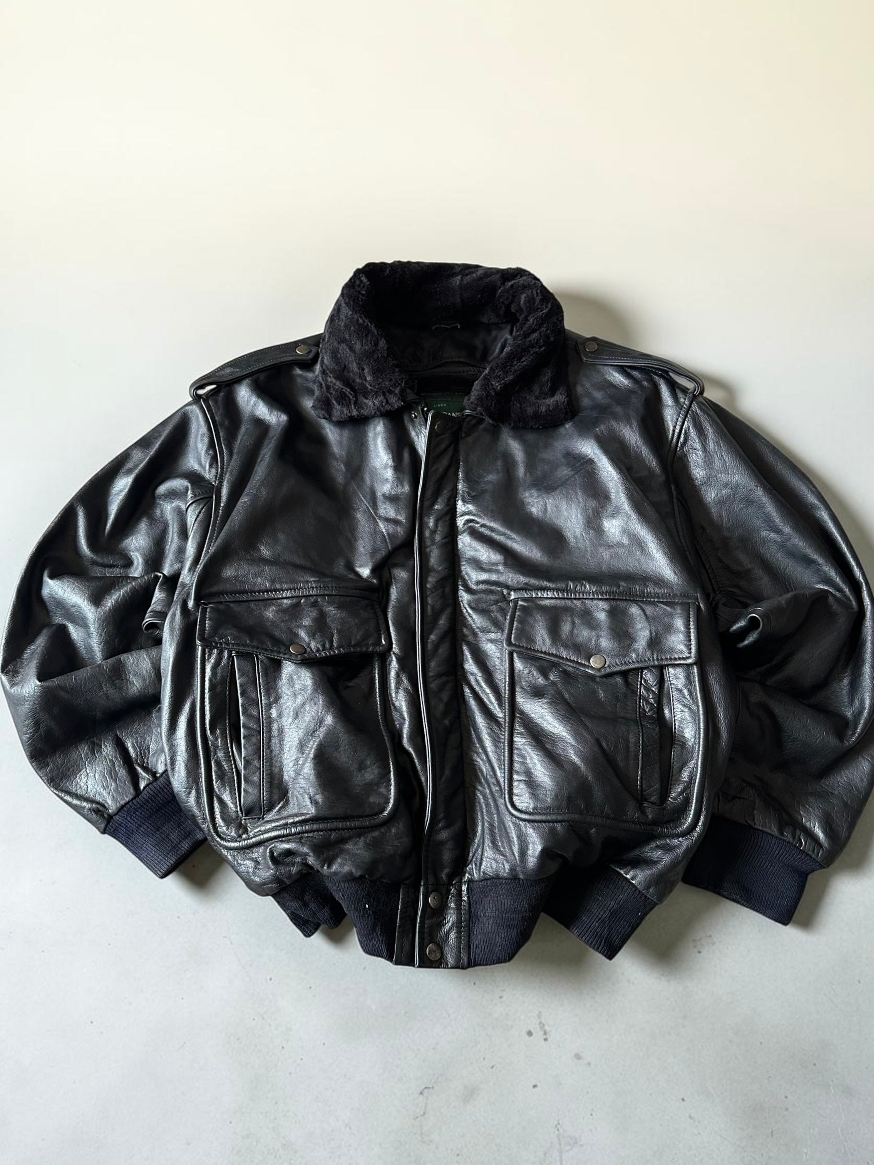 Black Bomber Leather Jacket - XL