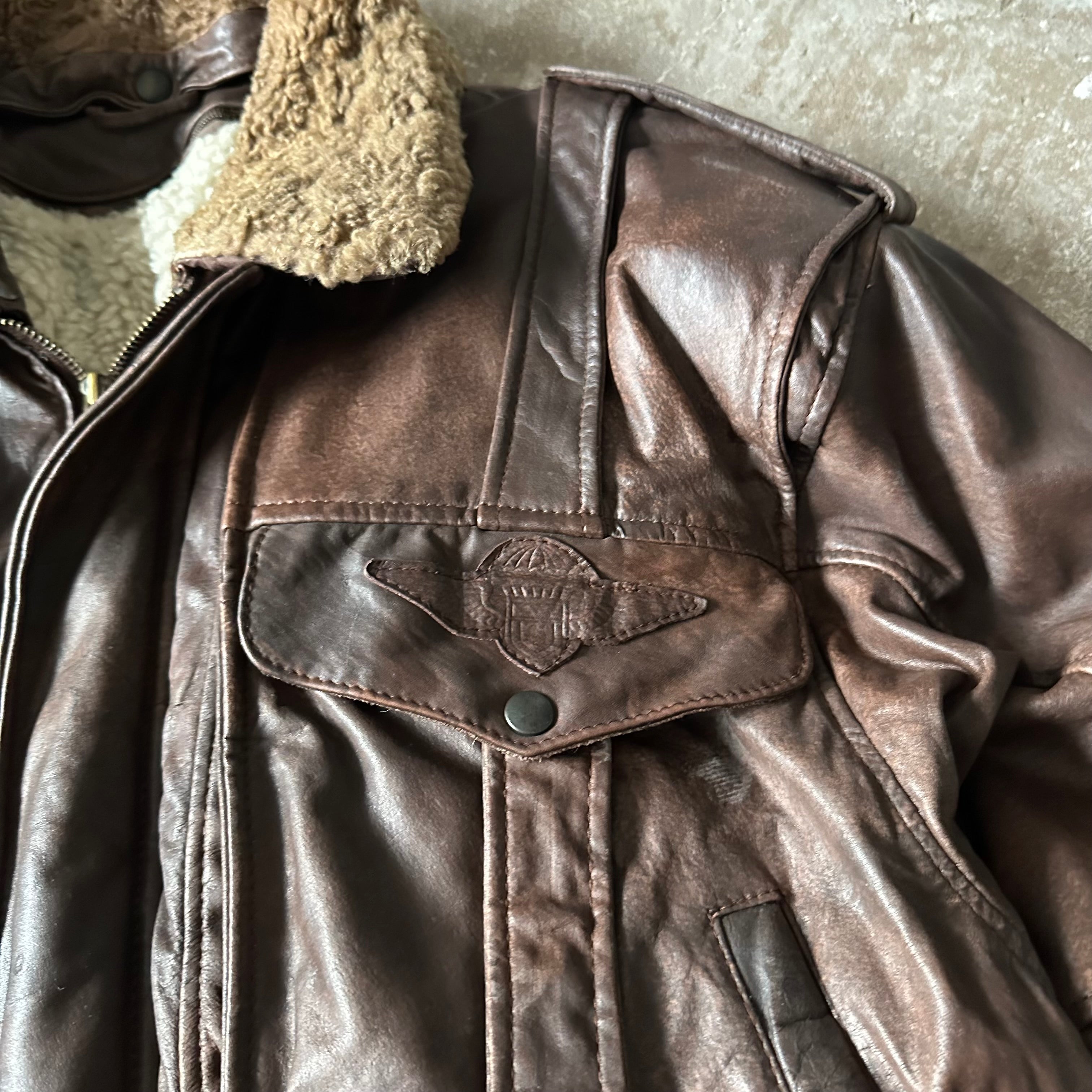 Vintage Brown Fur Heavy Leather Jacket - XL