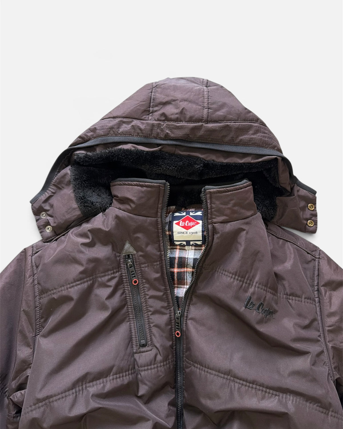 Lee Cooper Brown Hooded Puffer Bomber Jacket Faux Fur Flannel Lined- 2XL