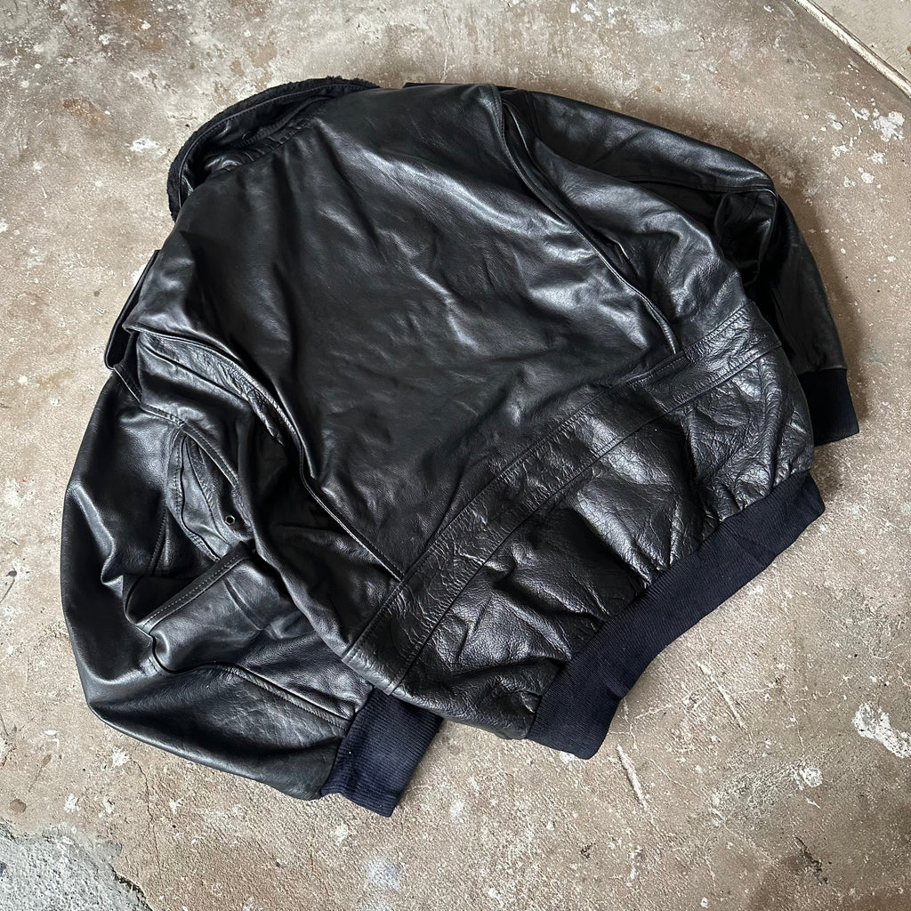 Black Bomber Leather Jacket - XL