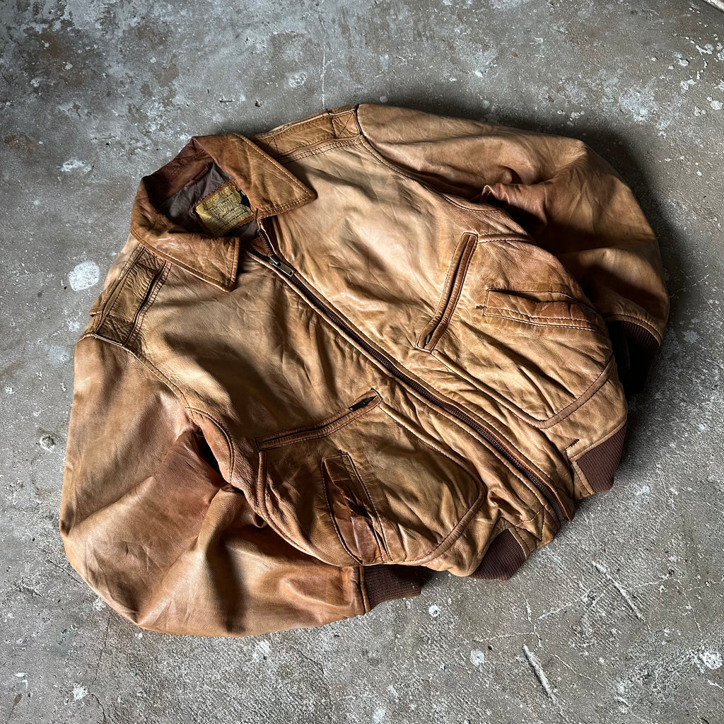Light Brown Bomber Leather Jacket - M