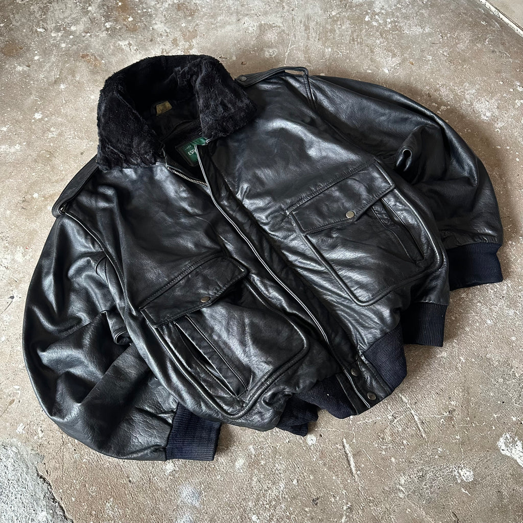 Black Bomber Leather Jacket - XL