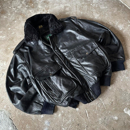 Black Bomber Leather Jacket - XL