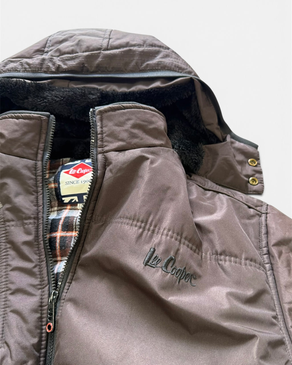 Lee Cooper Brown Hooded Puffer Bomber Jacket Faux Fur Flannel Lined- 2XL