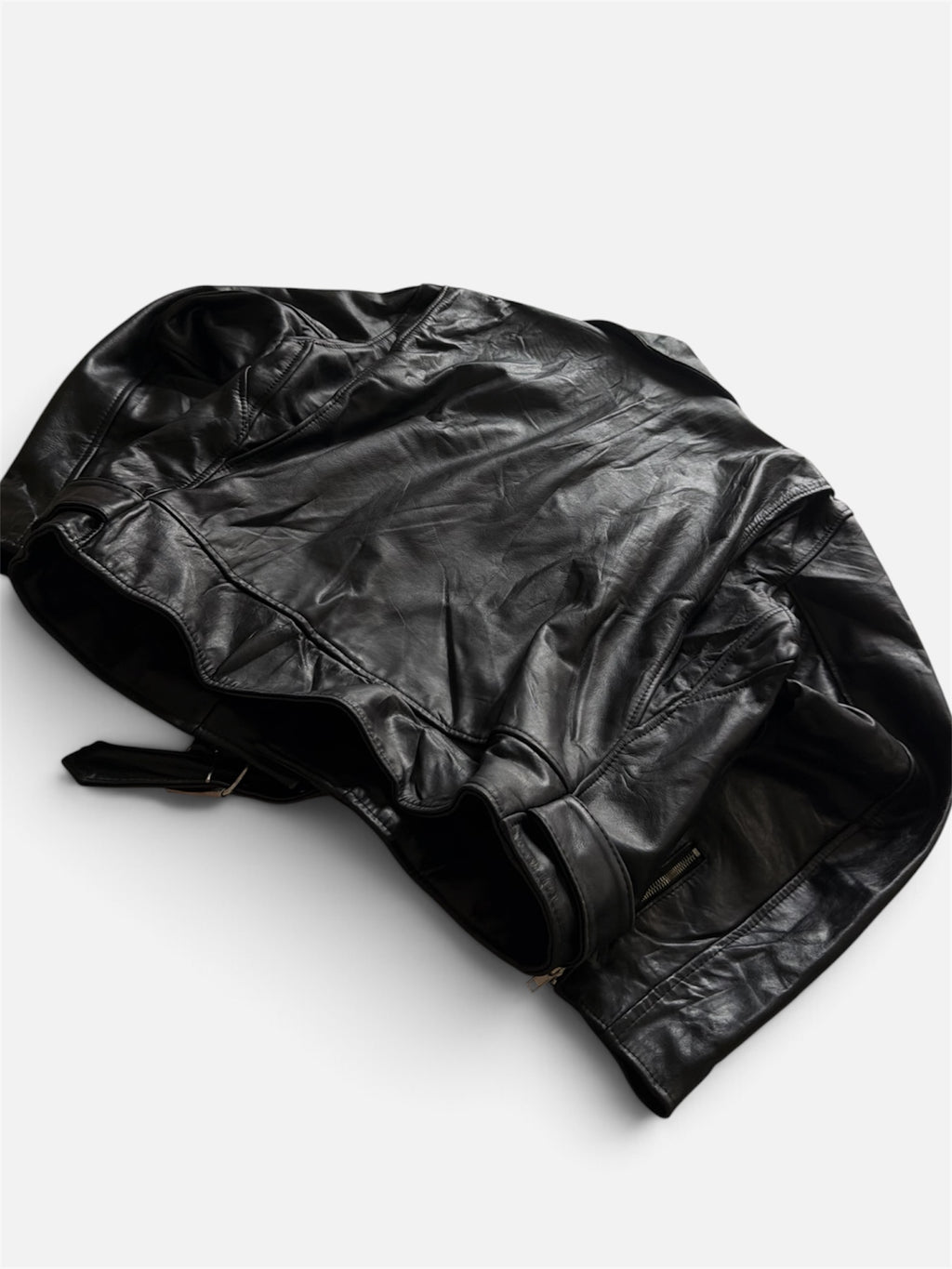 VTG Genuine Leather Biker Jacket Black Belted Asymmetrical Zip L/XL