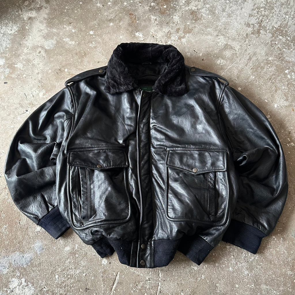 Black Bomber Leather Jacket - XL