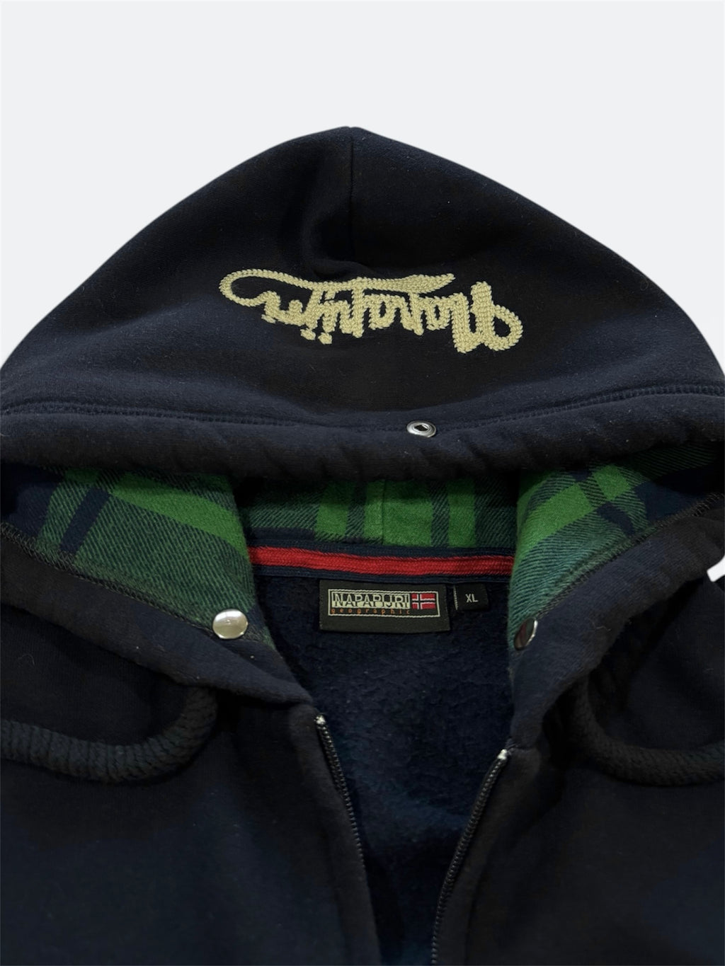 Napapijri Geographic Zip Hoodie Navy Shield Patch Plaid Flannel Hood- TAGGED XL FITS S/M