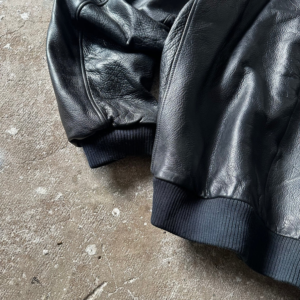 Vintage Levi’s Black Leather Bomber Jacket – Real Leather – Ribbed Waist & Cuffs- XL
