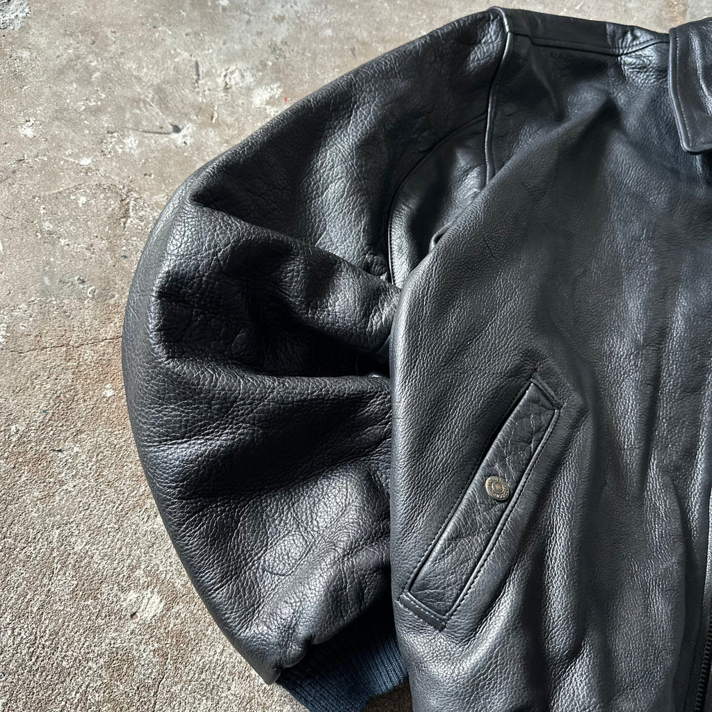 Vintage Levi’s Black Leather Bomber Jacket – Real Leather – Ribbed Waist & Cuffs- XL