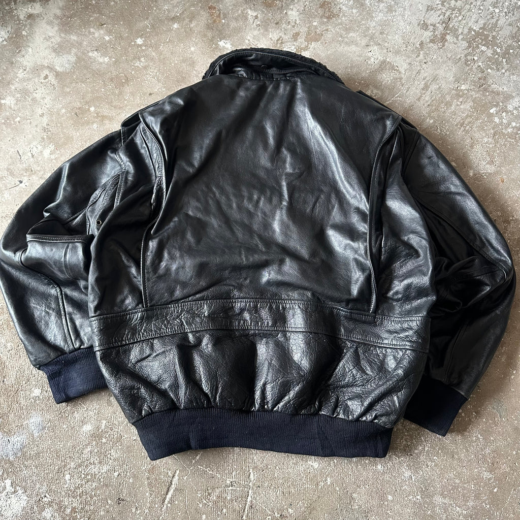 Black Bomber Leather Jacket - XL