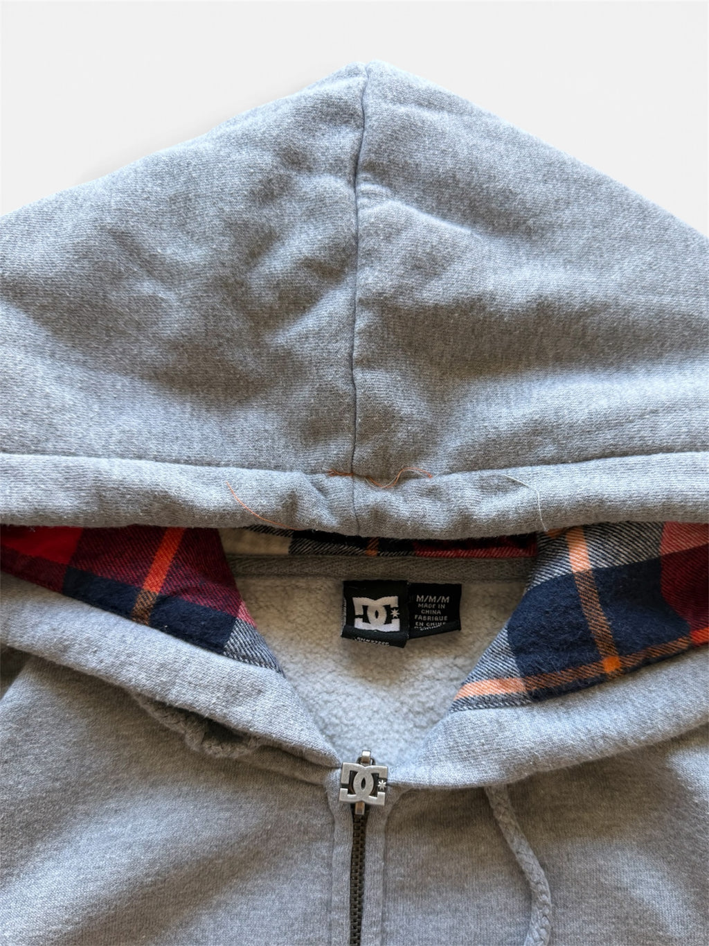 DC Zip-Up Hoodie, Heather Gray, Plaid Flannel-Lined Hood- M