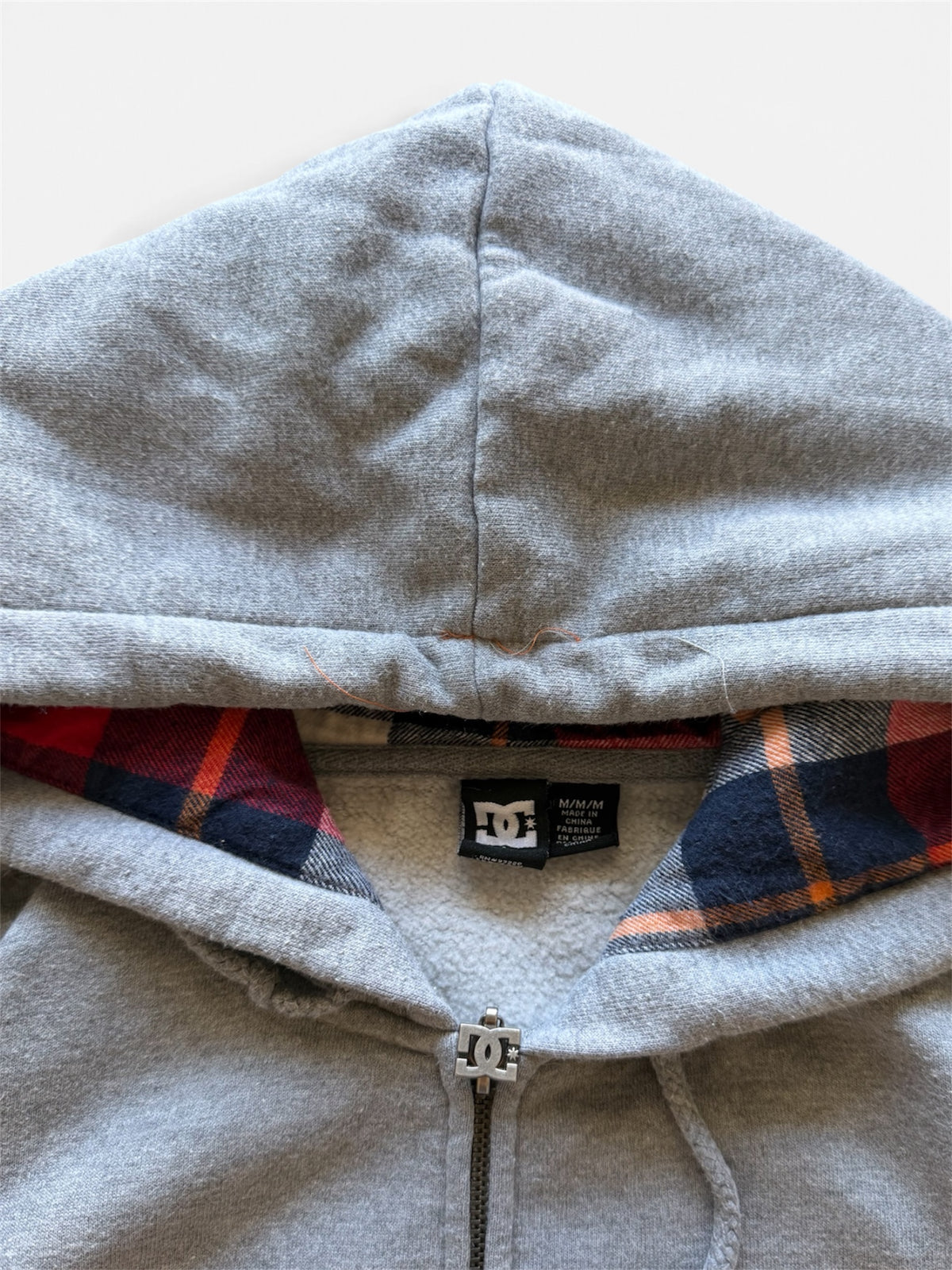 DC Zip-Up Hoodie, Heather Gray, Plaid Flannel-Lined Hood- M