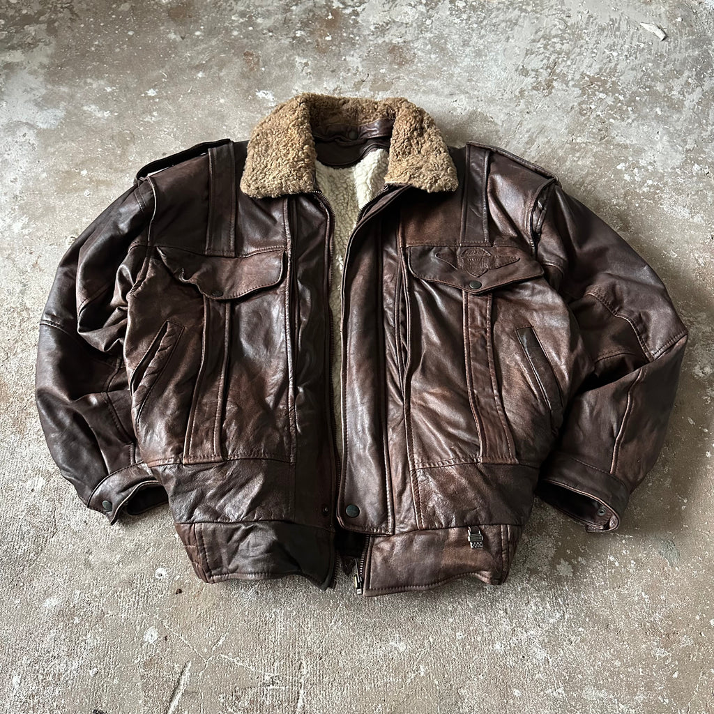Vintage Brown Fur Heavy Leather Jacket - XL