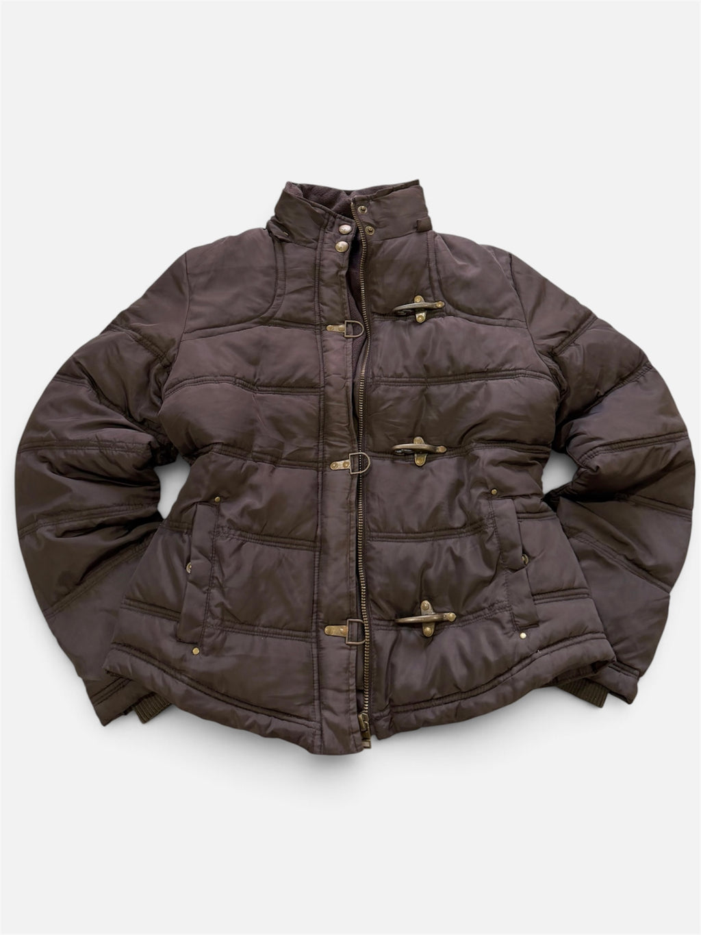 Brown Puffer Jacket with Toggle Clasps, Women's M