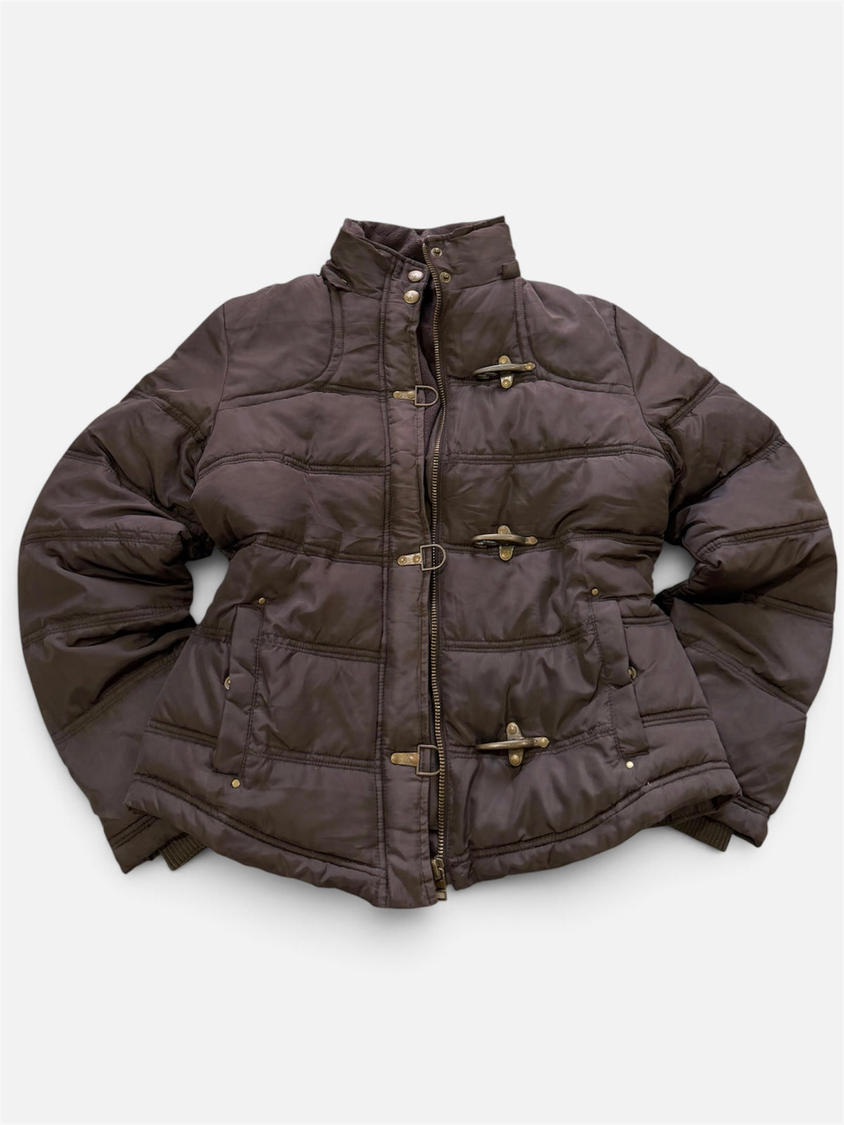 Brown Puffer Jacket with Toggle Clasps, Women's M