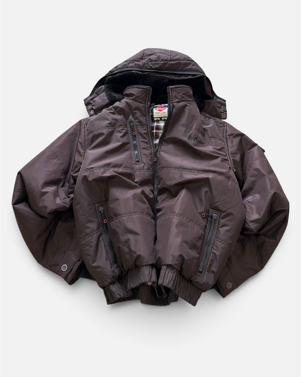 Lee Cooper Brown Hooded Puffer Bomber Jacket Faux Fur Flannel Lined- 2XL