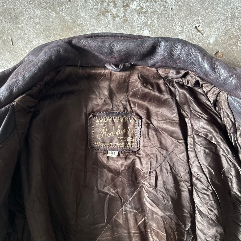 Vintage Redskins Dark Brown Bomber Leather Toggle Jacket - XL