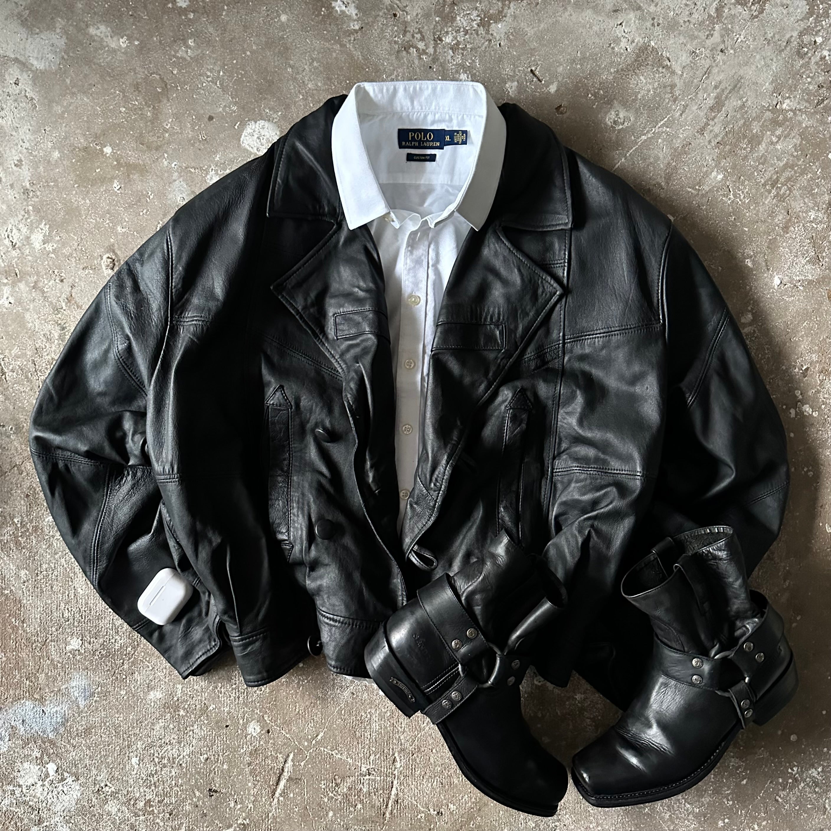 Black Bomber Leather Jacket - L