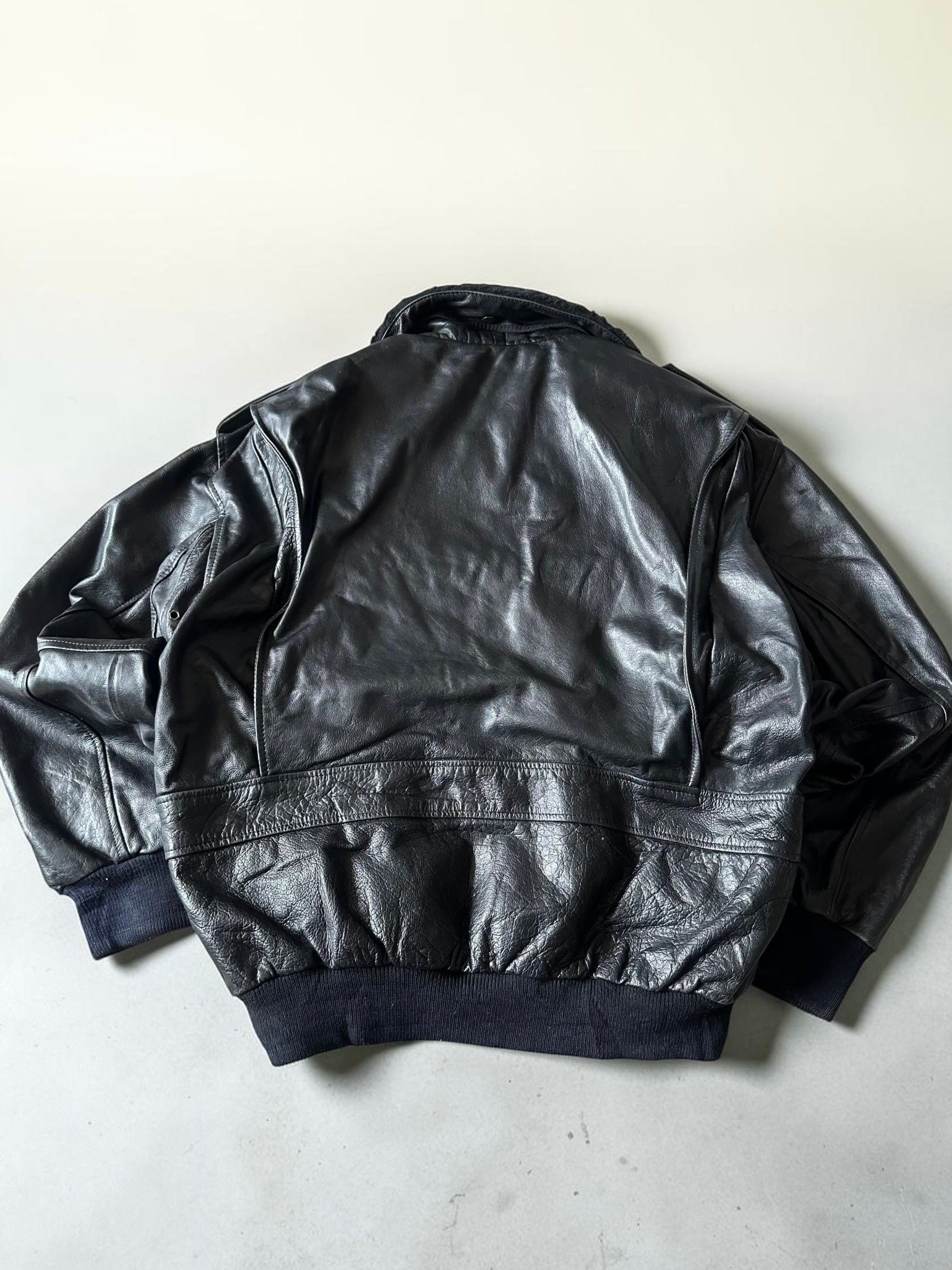 Black Bomber Leather Jacket - XL
