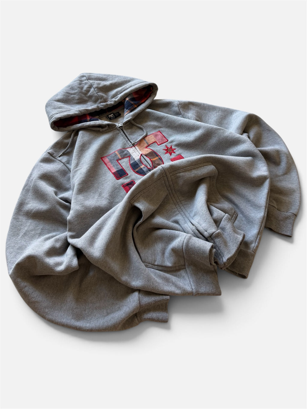 DC Zip-Up Hoodie, Heather Gray, Plaid Flannel-Lined Hood- M
