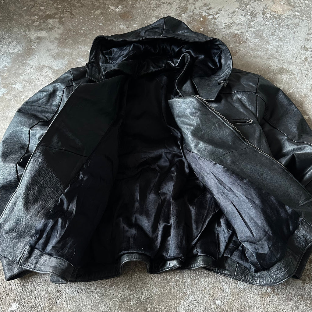 Biker Leather Jacket with detachable hood - L