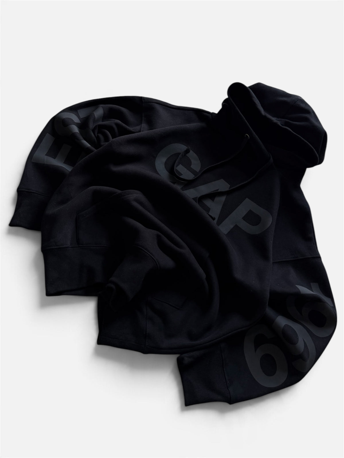 Gap Oversized Tonal Logo Hoodie Black 1969 EST Sleeve Spellout Fleece Pullover- M