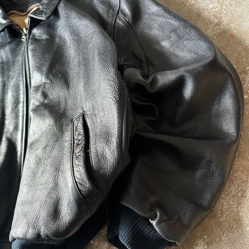 Vintage Levi’s Black Leather Bomber Jacket – Real Leather – Ribbed Waist & Cuffs- XL