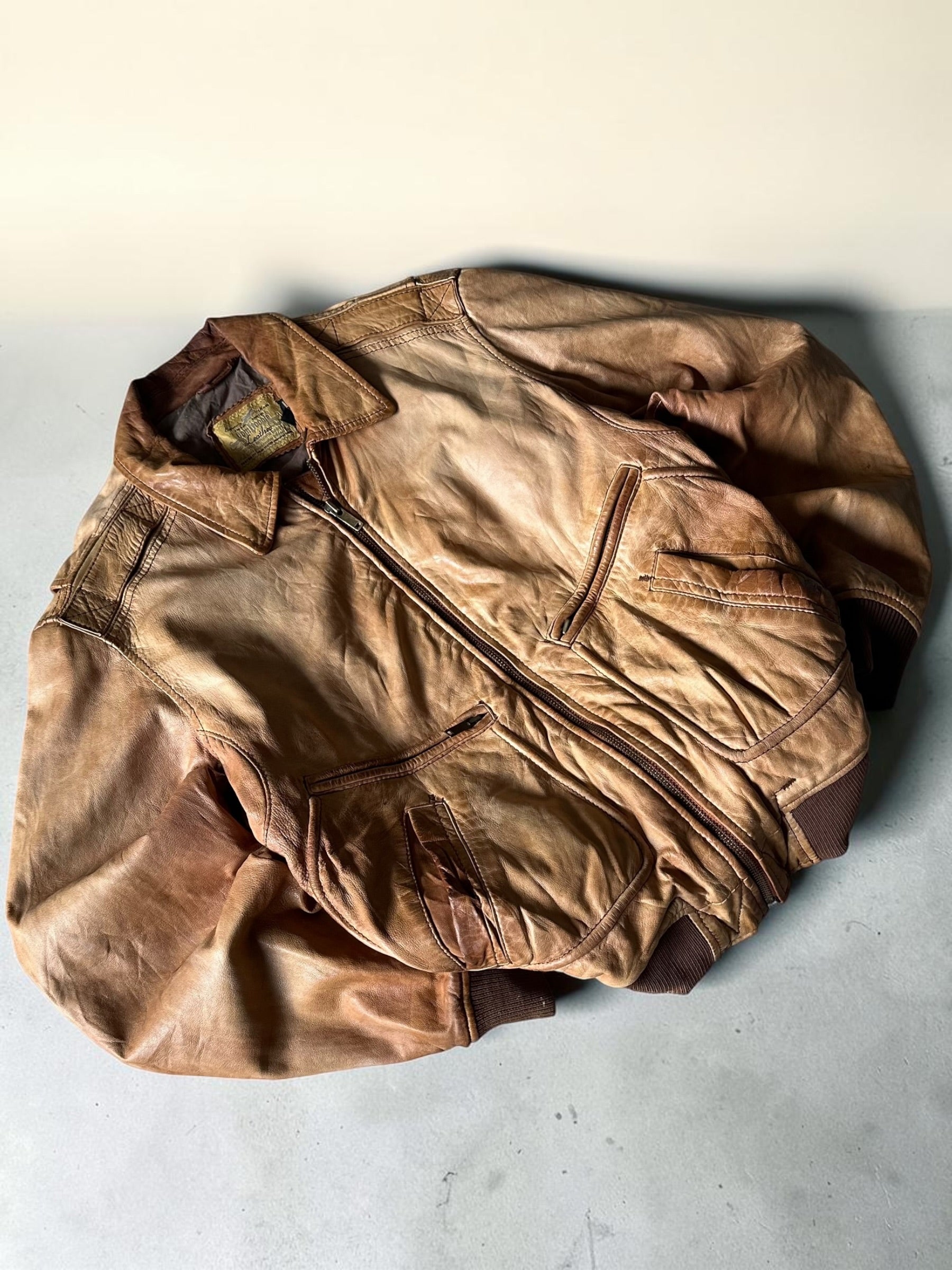 Light Brown Bomber Leather Jacket - M