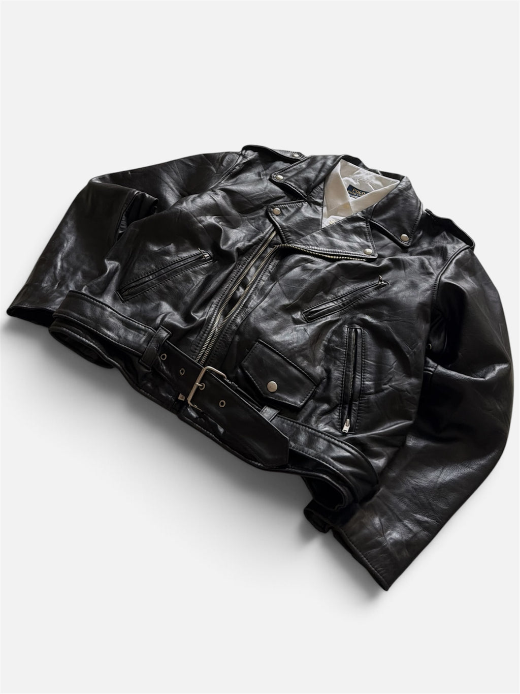 VTG Genuine Leather Biker Jacket Black Belted Asymmetrical Zip L/XL