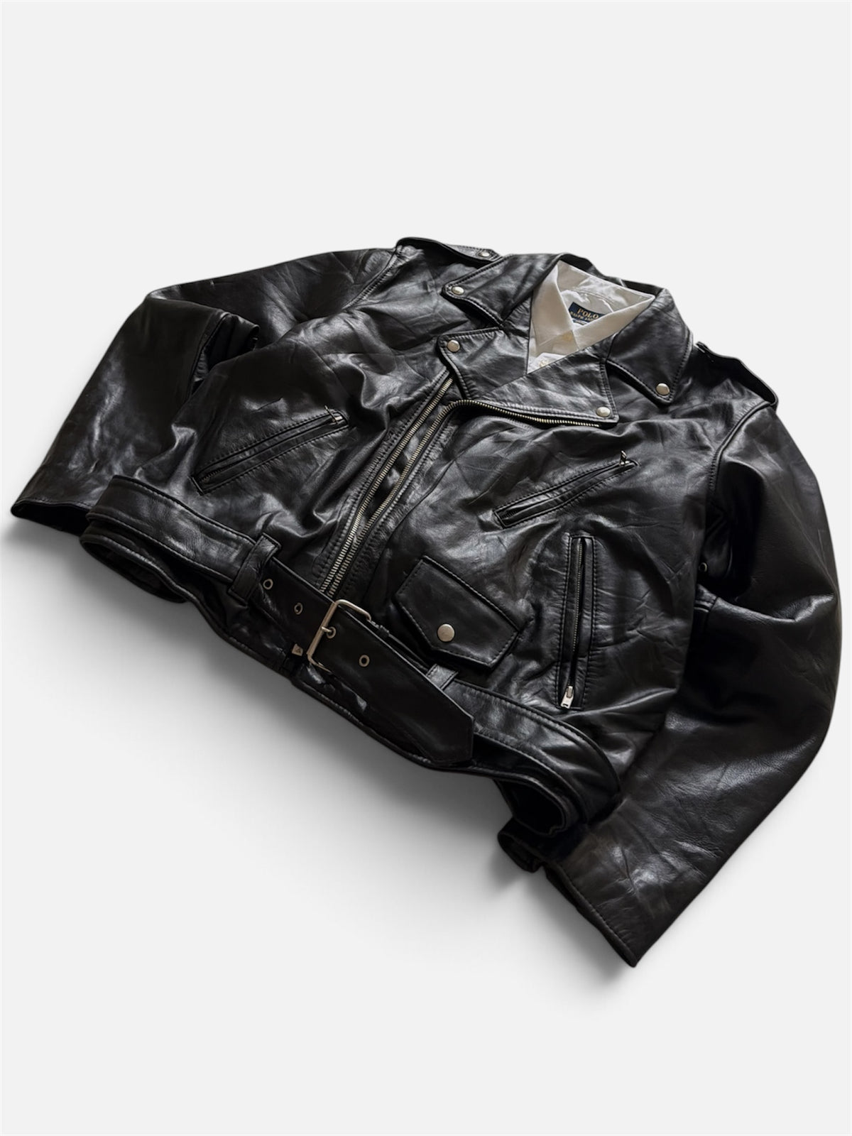 VTG Genuine Leather Biker Jacket Black Belted Asymmetrical Zip L/XL